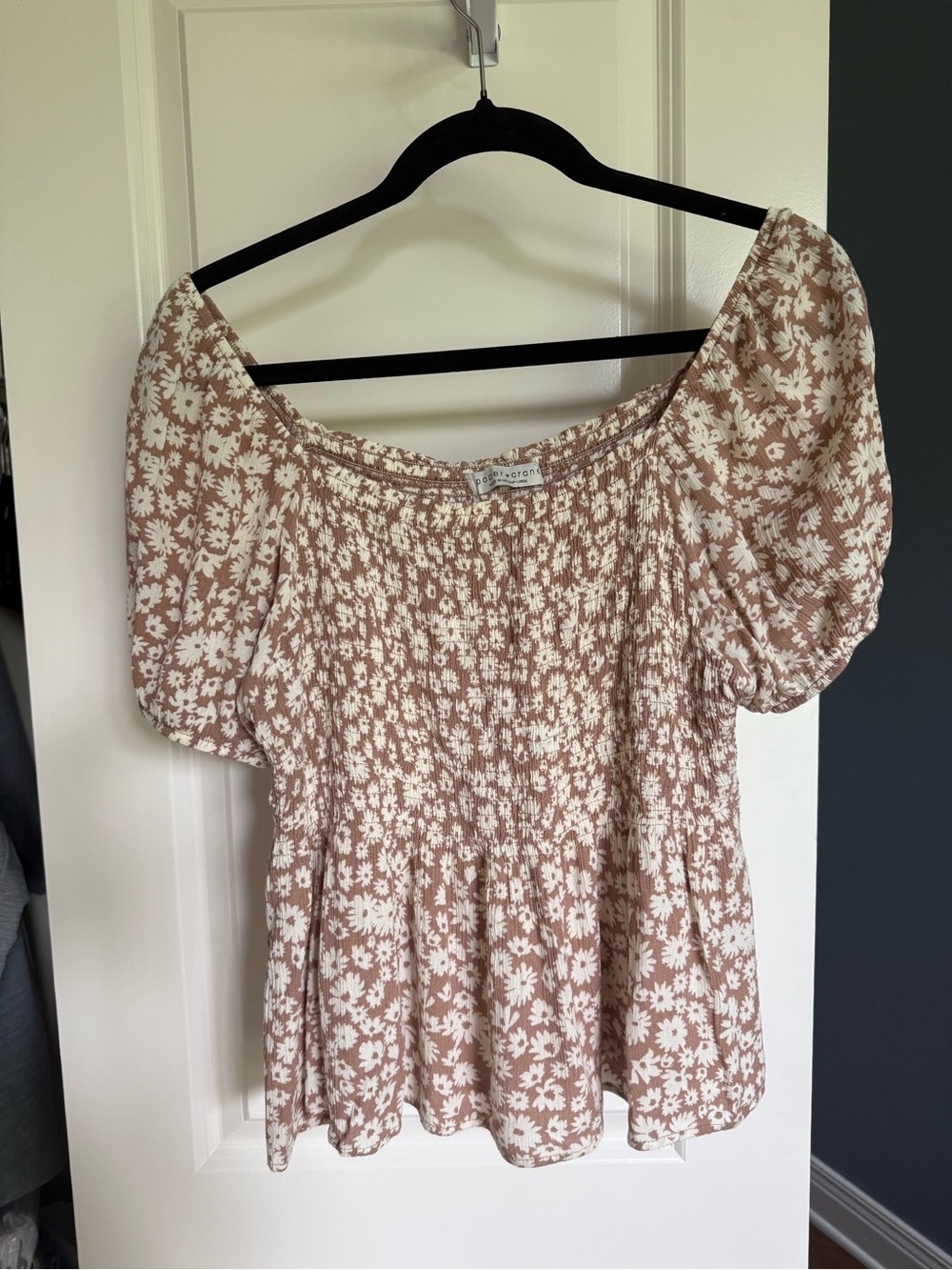 Paper Crane Tan and Cream Floral Smocked Peplum Top